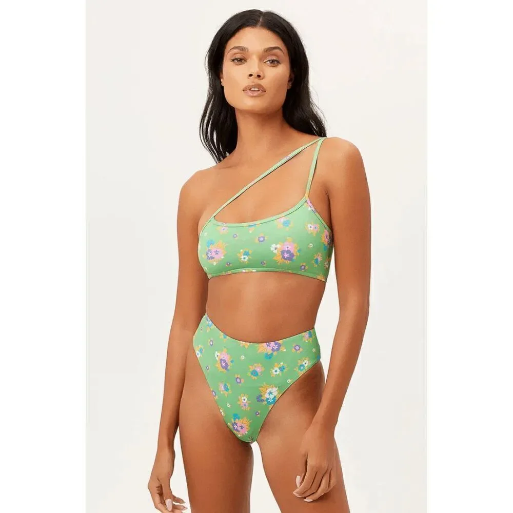 Frankie’s Bikinis Green Floral Oliver One Shoulder Bikini Top Meadow M NWT